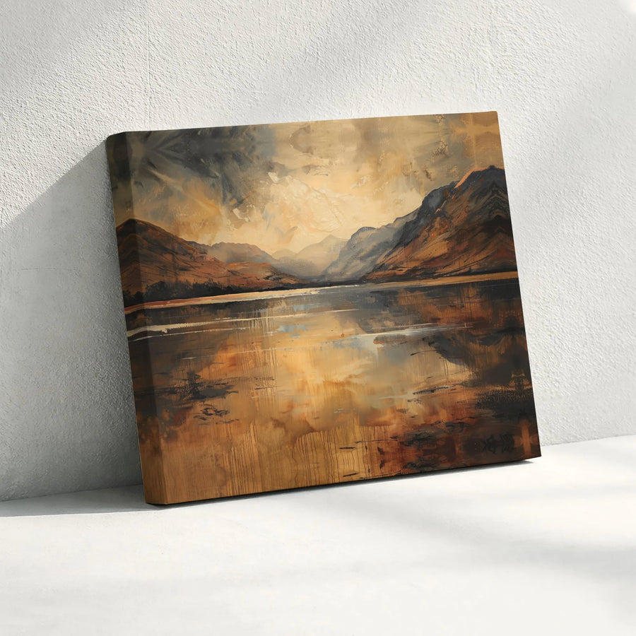 Abstract Mountain Lake Canvas Wall Art | Earthy Tones Landscape Painting | Premium Gallery-Wrapped Print | Modern Home & Office Decor Gift