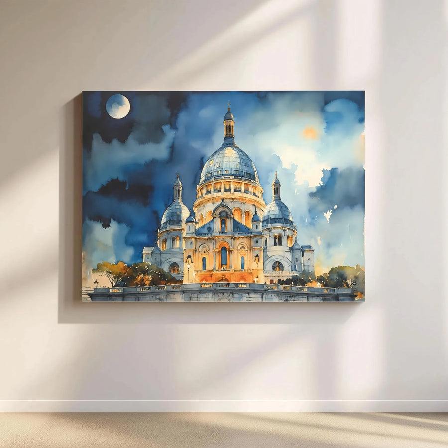 Sacré-Cœur Basilica Canvas Print | Nighttime Paris Watercolor Art | 1.25” Gallery Wrap | Premium Travel Gift for Art Lovers