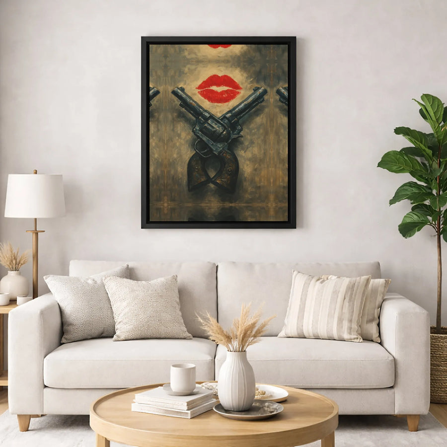 Crossed Revolvers and Red Lips Wall Art | Edgy Western Noir Print | Premium Gallery Wrap Canvas | Unique Home Decor Gift for Him or Her