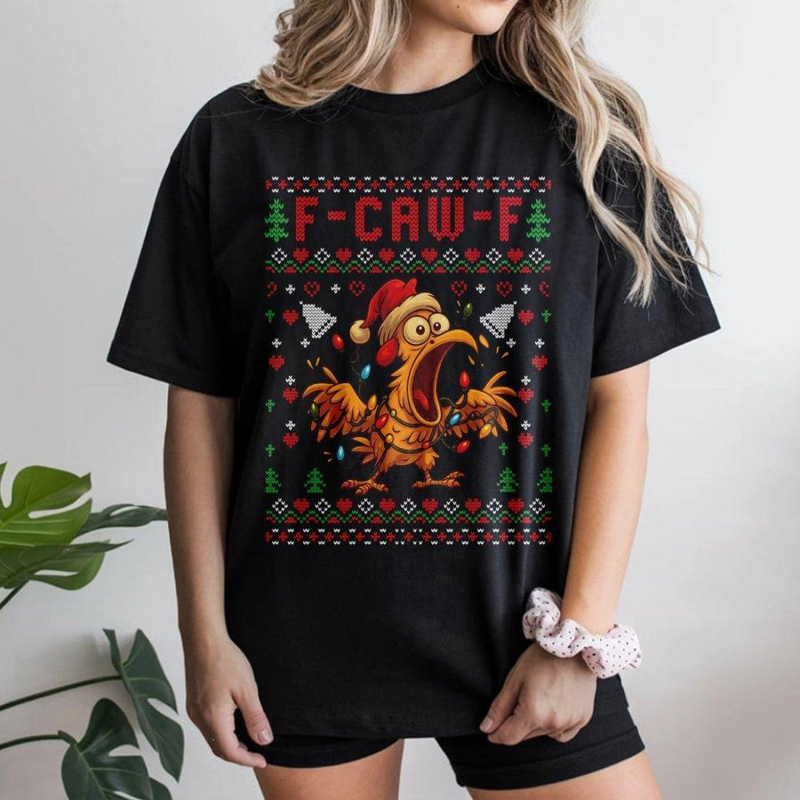 F-Caw-F Funny Chicken Christmas T-Shirt | Retro Ugly Sweater Style Poultry Graphic | 100% Soft Cotton | Unisex Holiday Gift for Chicken Lovers