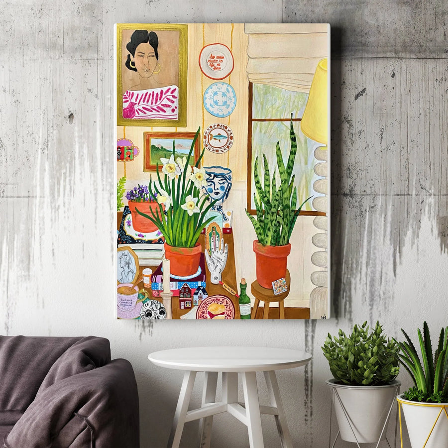 Eclectic Folk Art Canvas Print | Colorful Maximalist Still Life with Books & Plants | Premium Thick Gallery Wrap Canvas | Unique Bohemian Decor Gift for Her