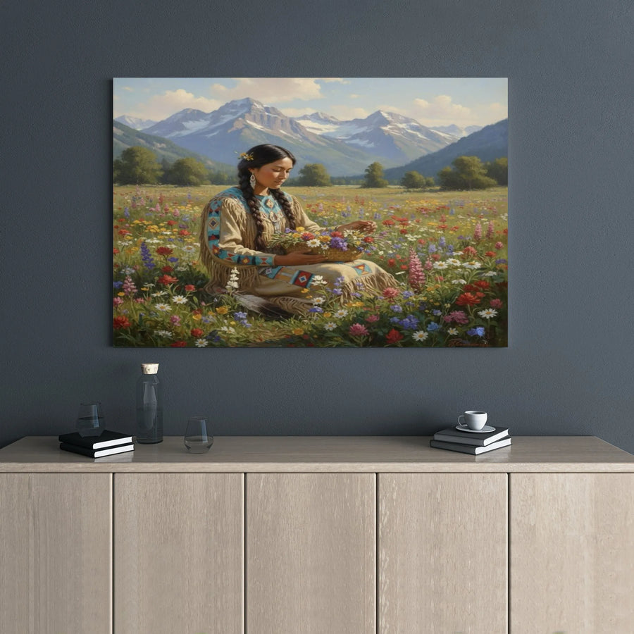 Native American Woman Canvas Wall Art | Mountain Meadow Wildflower Print | Premium 1.25-Inch Gallery Wrap | Western Home Decor Gift