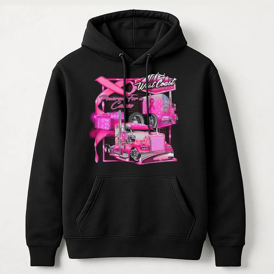Pink Ribbon Trucker Hoodie | Breast Cancer Awareness Semi Truck Design | Premium Cotton Blend Pullover | Meaningful Gift For Truck Drivers