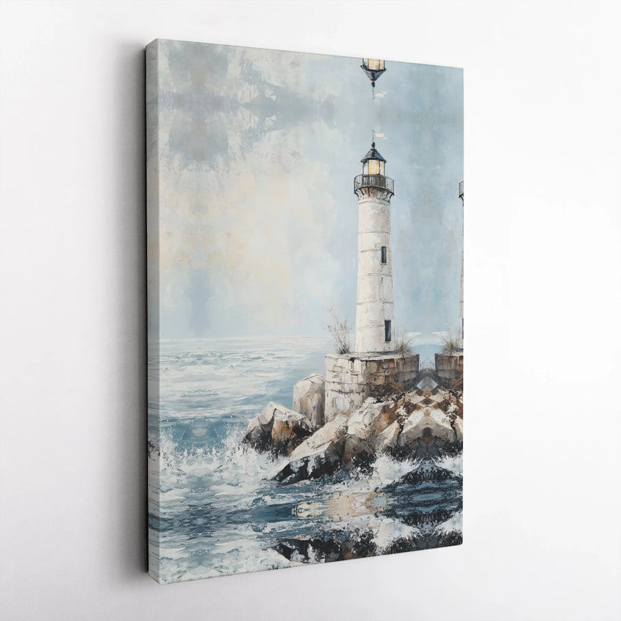 Lighthouse Wall Art Canvas | Painterly Coastal Seascape Print | 1.25-Inch Premium Gallery Profile | Nautical Home Decor Gift for Beach Lovers