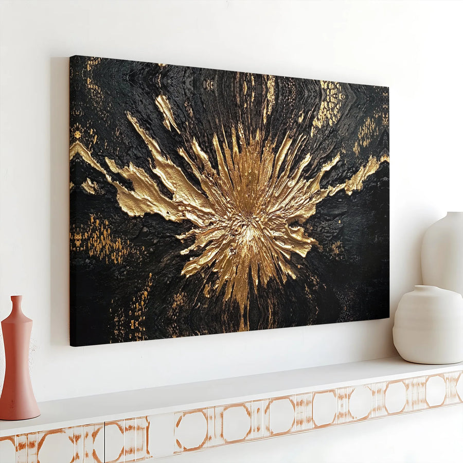 Black and Gold Abstract Canvas Wall Art | Modern Starburst Textured Oil Painting Print | Premium Gallery Wrapped Decor | Luxury Living Room Home Office Gift