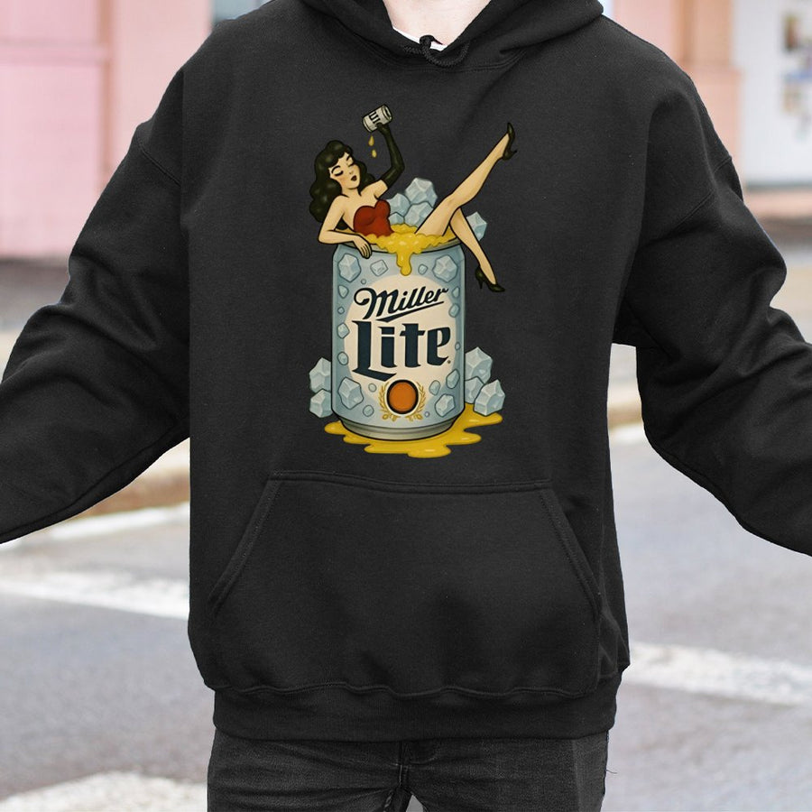 Miller Pin-Up Graphic Hoodie, Unisex Retro Beer Logo Hoodie, Vintage Style Artwork, Fun Beer Lover Hoodie