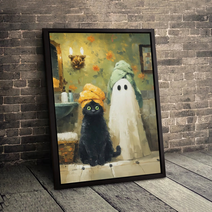 Black Cat and Ghost Bathroom Wall Art | Funny Spa Day Painting | Premium 1.25" Gallery Wrapped Canvas | Quirky Home Decor Gift