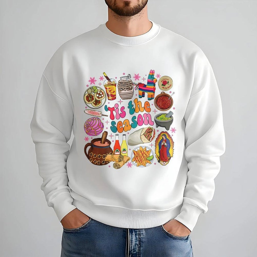Mexican Christmas Sweatshirt | Tis The Season Food Graphic | Premium Cotton Blend Crewneck | Festive Cultural Holiday Gift For Hispanic Family