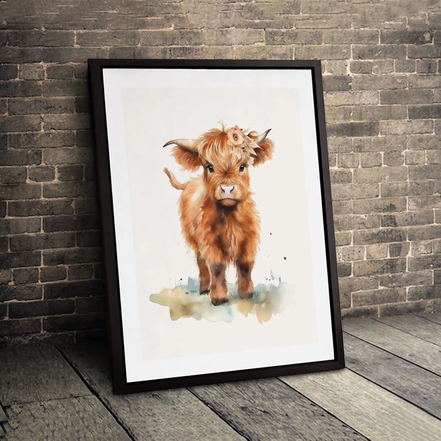 Baby Highland Cow Wall Art | Watercolor Flower Crown Print | Premium 1.25" Gallery Canvas | Farmhouse Nursery Decor Gift