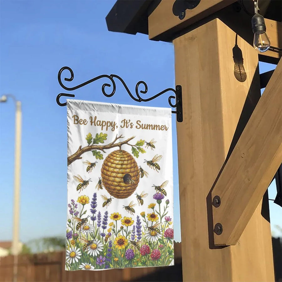 Bee Happy Summer Garden Flag | Vintage Wildflower & Beehive Illustration | Double Sided Weather Resistant Fabric | Premium Outdoor Yard Decor