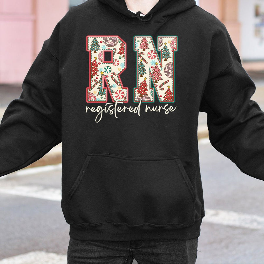 RN Registered Nurse Hoodie | Festive Christmas Holiday Pattern | Premium Cotton-Blend | Nursing Student Graduation Gift Idea