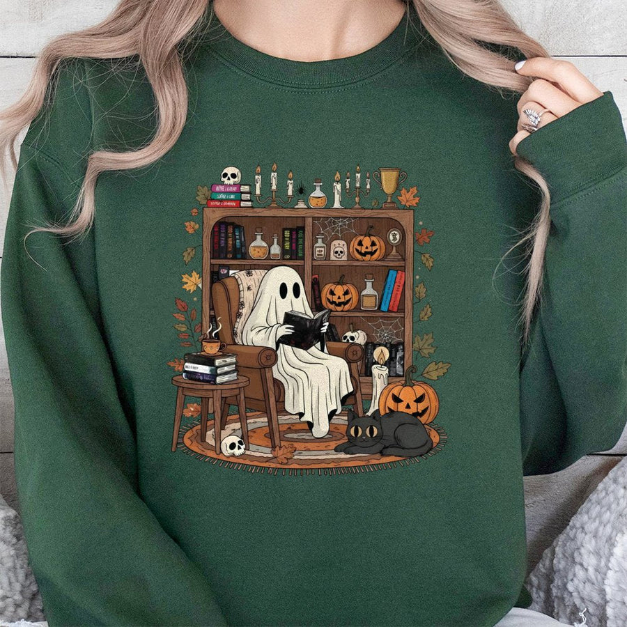 Cozy Ghost Reading Sweatshirt | Spooky Bookshelf Fall Graphic | Premium Cotton Blend | Bookish Halloween Gift for Readers