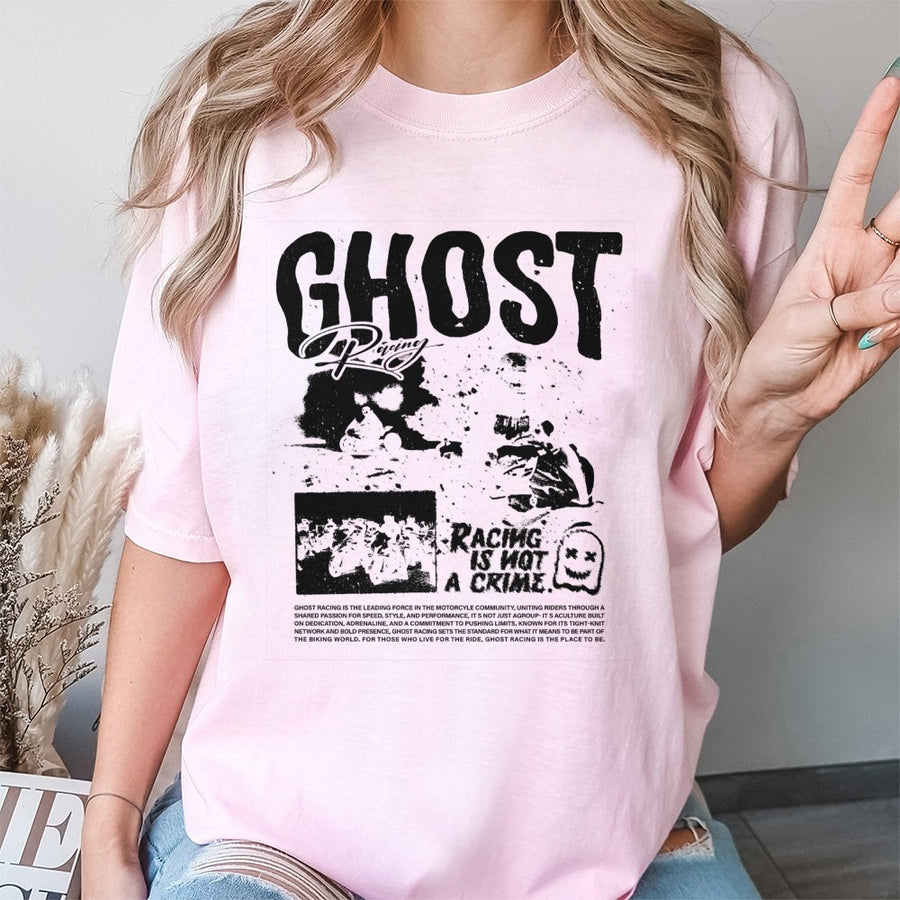 Ghost Racing T-Shirt | Racing Is Not A Crime Graphic Tee | 100% Cotton Biker Moto Apparel | Streetwear Gift For Motorcycle Riders And Enthusiasts