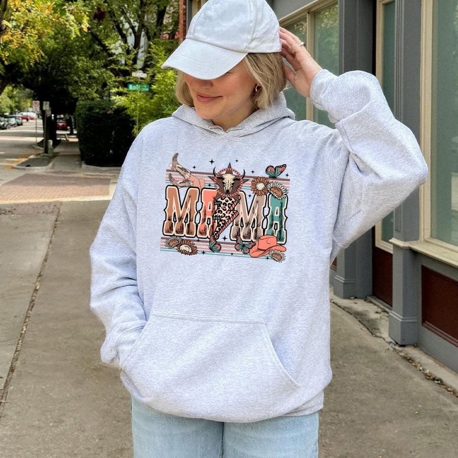 Western Mama Hoodie | Leopard Print Cow Skull Graphic | Premium Cotton Blend | Boho Cowgirl Gift for Mom