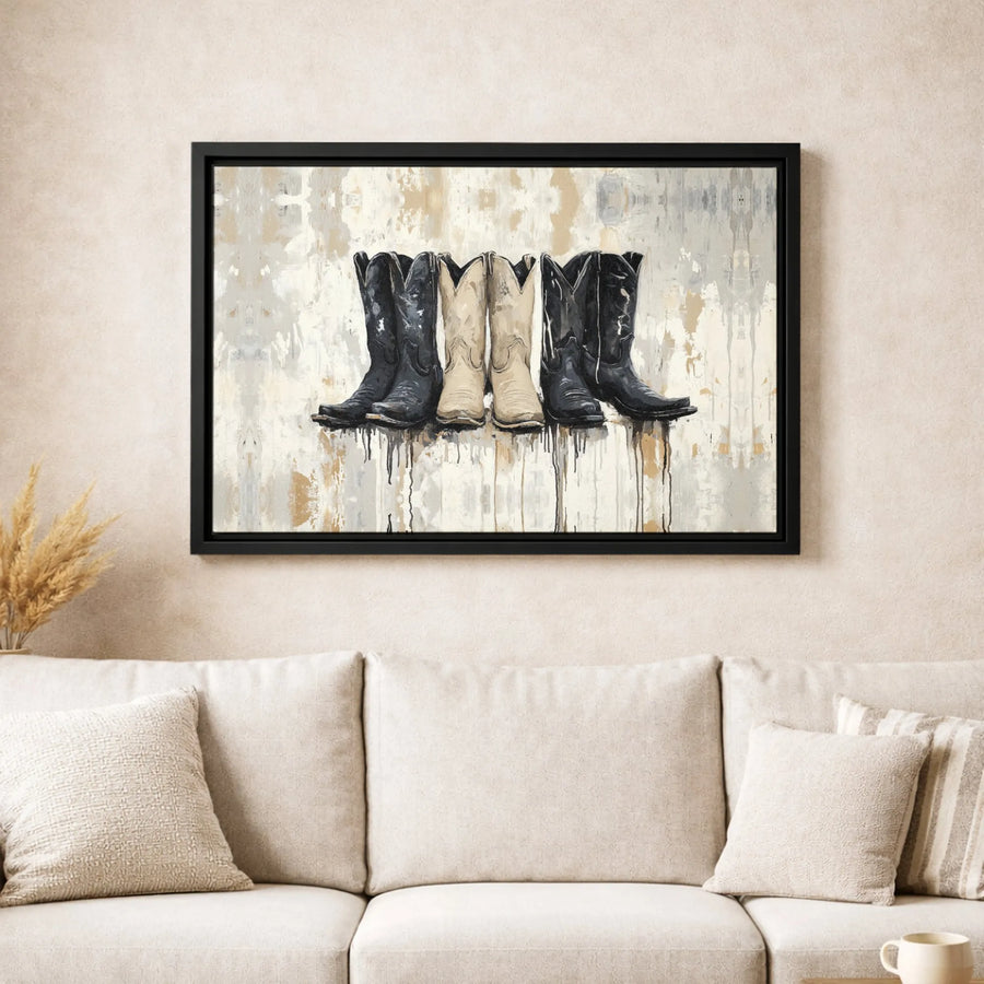 Cowboy Boots Wall Art | Abstract Drip Painting | Premium Gallery-Wrapped Canvas | Western Farmhouse Decor for Living Room