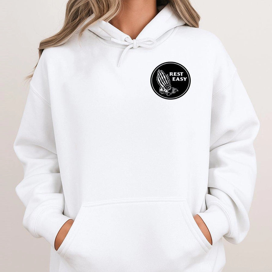 Rest Easy Skeleton Hoodie | Praying Hands Graphic Streetwear | Premium Cotton Blend Unisex Pullover | Edgy Aesthetic Gift for Him or Her