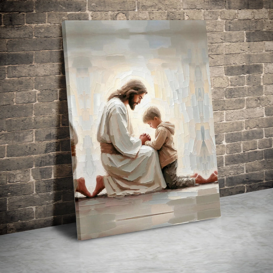 Jesus Praying With A Child Canvas | Religious Oil Painting Style Wall Art | Premium Fade-Resistant 1.25" Profile | Spiritual Home Decor Gift
