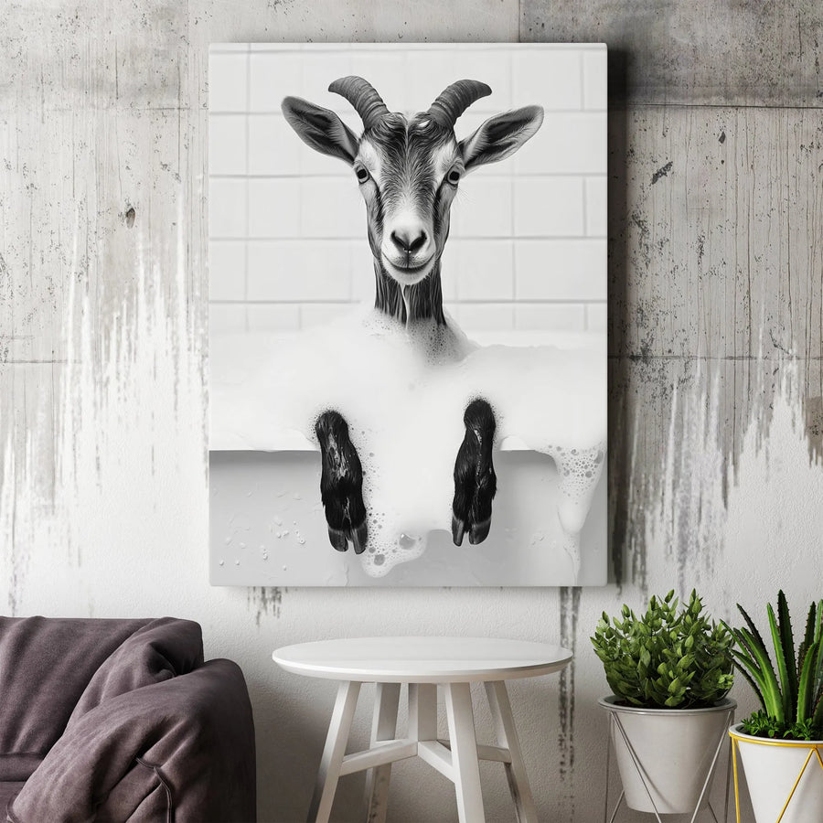Goat in Bathtub Vertical Canvas | Quirky Black & White Animal Photo | Premium Frameless Wall Art | Funny Bathroom Decor Gift for Farmhouse