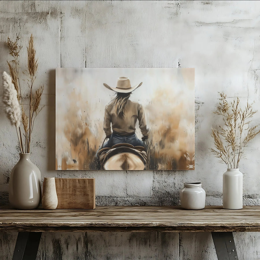 Western Cowgirl Riding Horse Canvas Wall Art | Watercolor Style Equestrian Print | Premium 1.25-inch Thick Gallery Wrap | Gift for Horse Lovers