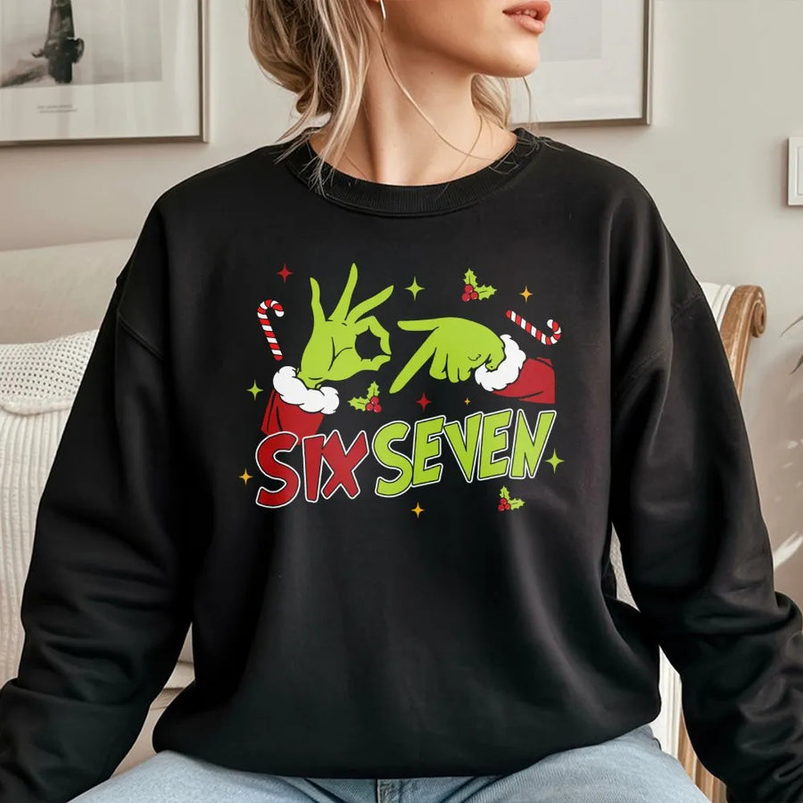 Six Seven Christmas Sweatshirt | Funny Green Hand Sign Meme Graphic | Premium Cotton Blend Crewneck | Viral Gen Z Holiday Gift For Her Him