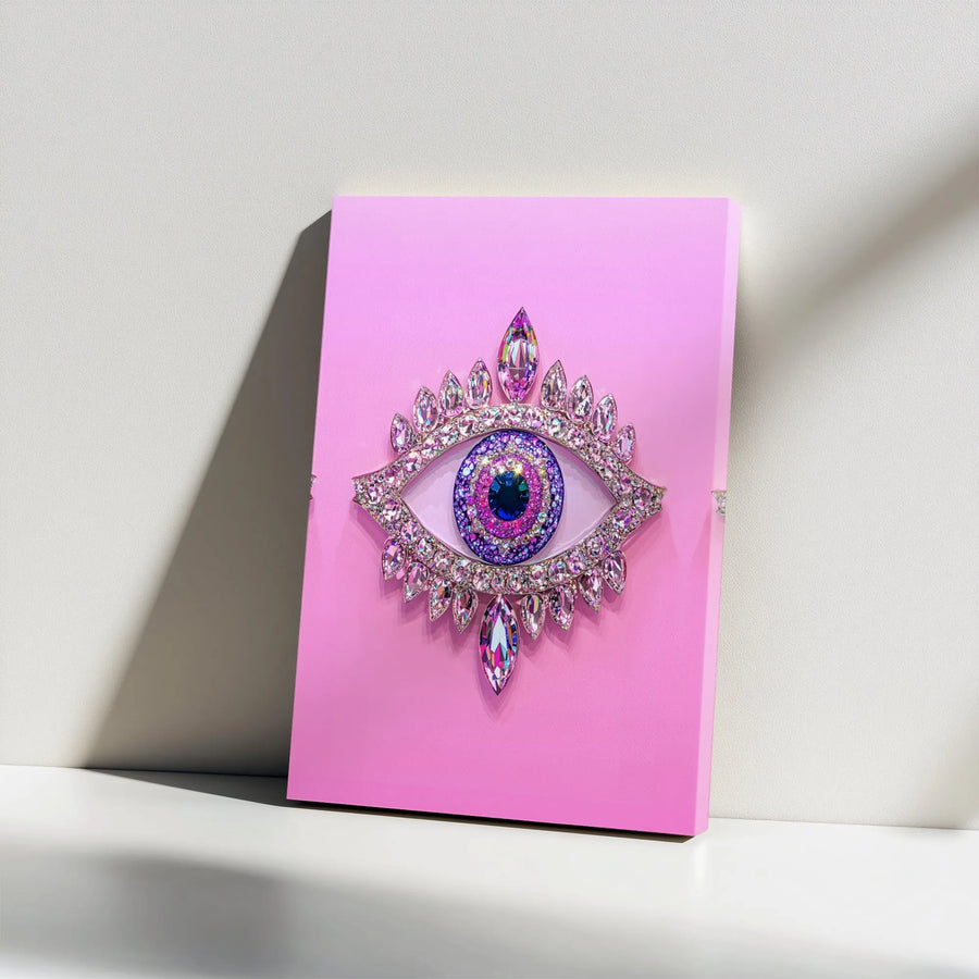 Pink Evil Eye Wall Art | Glamorous Jeweled Crystal Design | Premium Gallery-Wrapped Canvas | Modern Spiritual Home Decor Gift