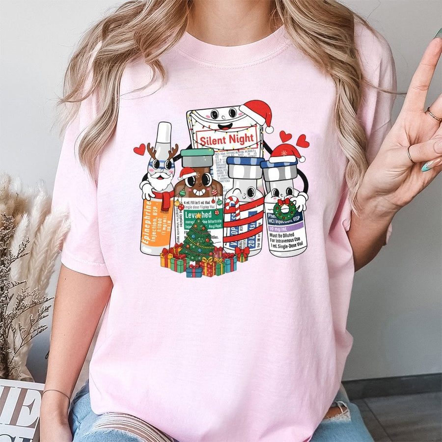 Silent Night Medical Christmas T-Shirt | Festive Medication Vial Graphic | 100% Cotton Premium Tee | Unique Gift for Nurses & Doctors