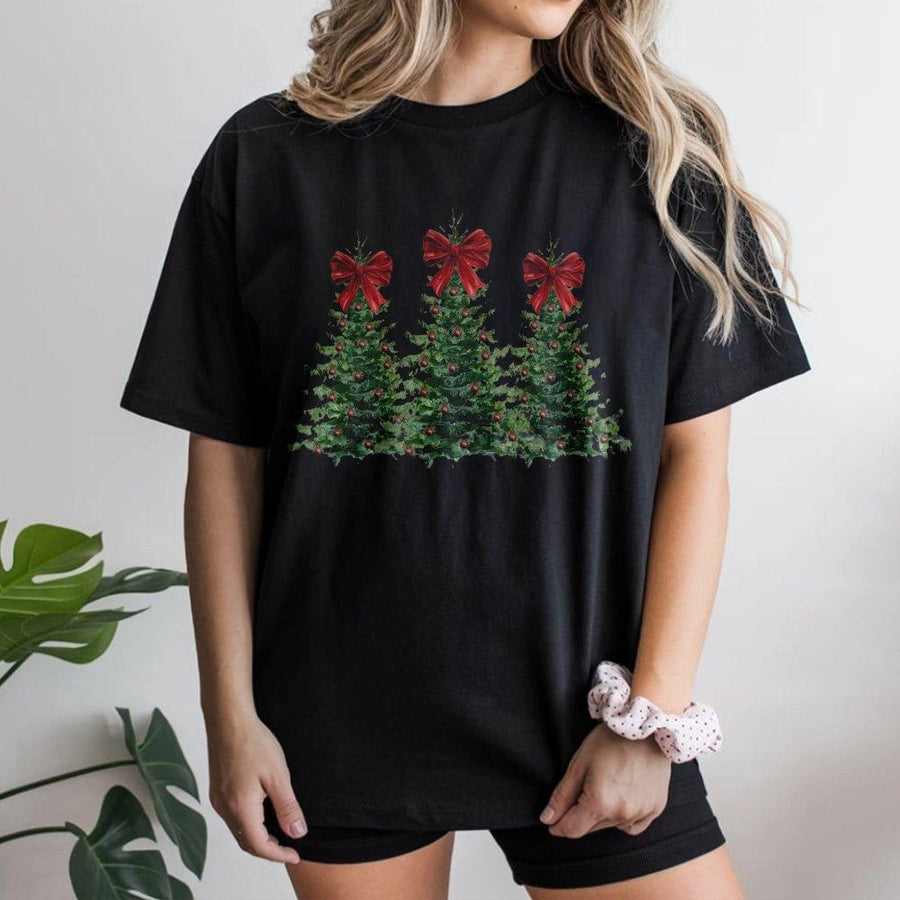 Christmas Tree T-Shirt | Coquette Aesthetic Red Bow Design | 100% Premium Cotton Tee | Holiday Gift for Women and Teens