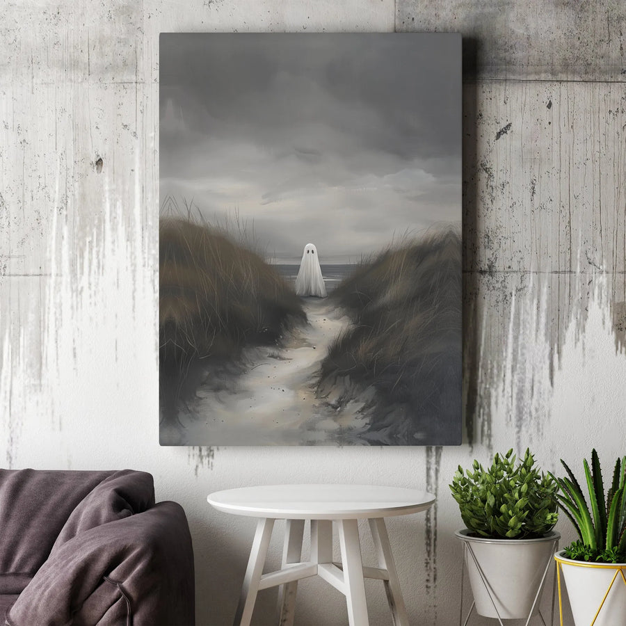 Moody Ghost Beach Canvas Wall Art | Eerie Coastal Dune Landscape | Premium Gallery Wrapped Print | Spooky Halloween Home Decor Gift