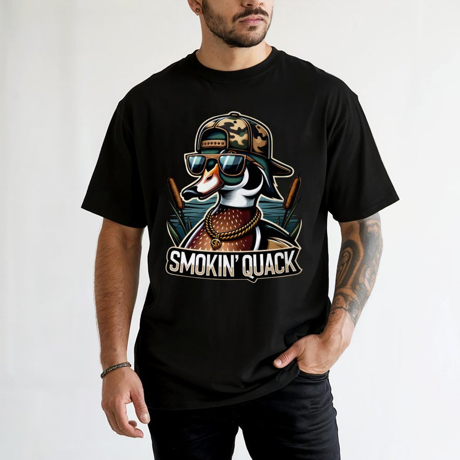 Smokin' Quack Duck T-Shirt | Funny Hunting Gift with Camo Hat & Shades | 100% Cotton Premium Tee | Unique Graphic Apparel for Hunters & Outdoorsmen