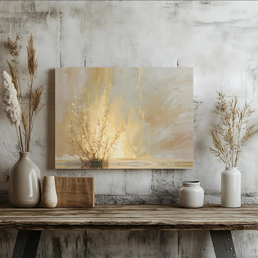 Abstract Gold Botanical Canvas | Radiant Bush Reflection Wall Art | 1.25 Inch Premium Gallery Wrap | Modern Home Decor Gift for Living Room
