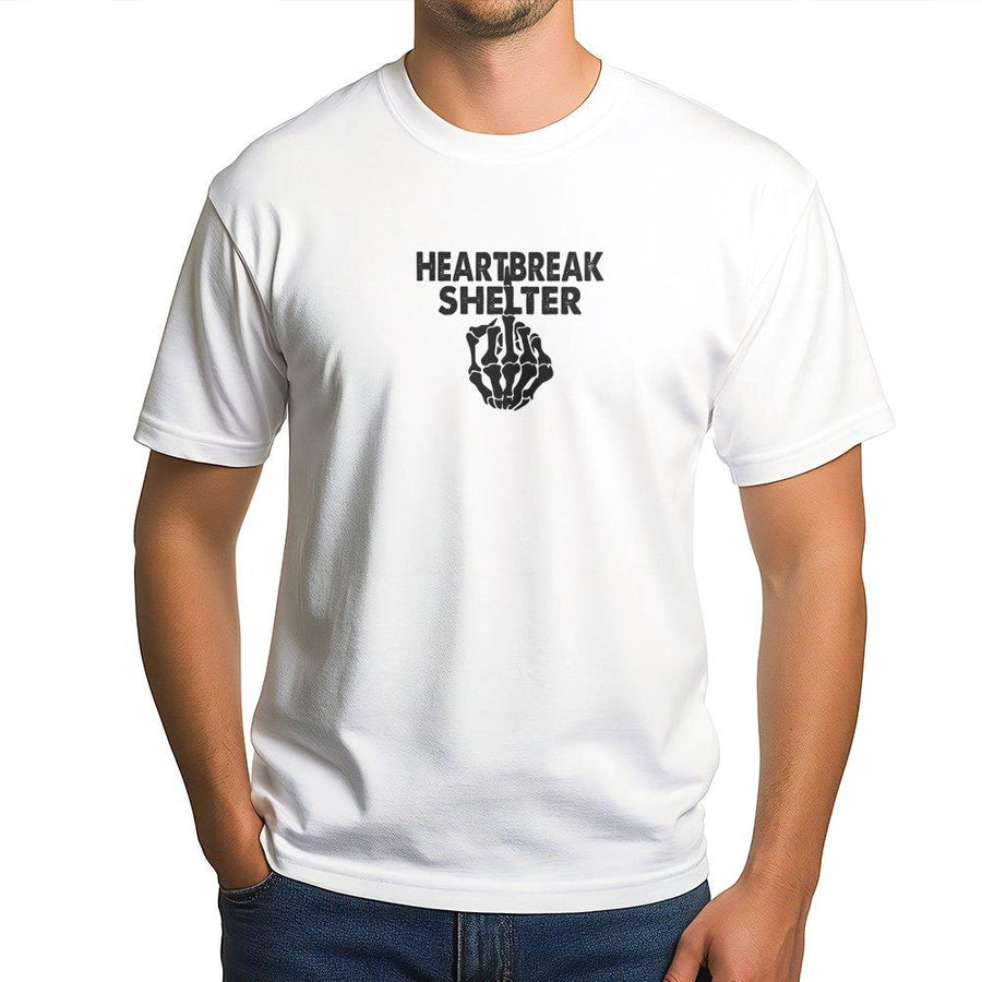 Heartbreak Shelter Graphic T-Shirt | Skeleton Hand Middle Finger Design | 100% Cotton Premium Tee | Edgy Y2K Streetwear Gift For Men And Women