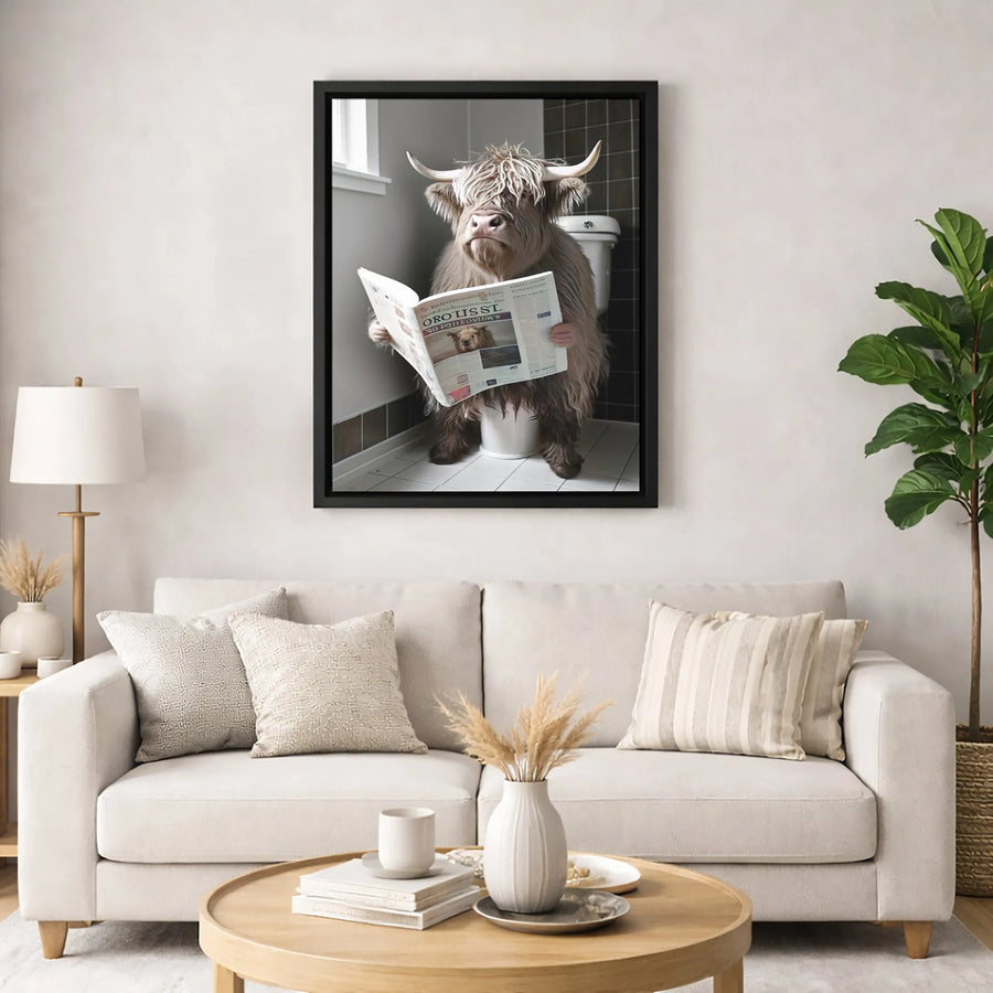 Highland Cow Bathroom Wall Art | Funny Reading Newspaper Design | Premium Gallery Canvas | Quirky Farmhouse Home Decor Gift