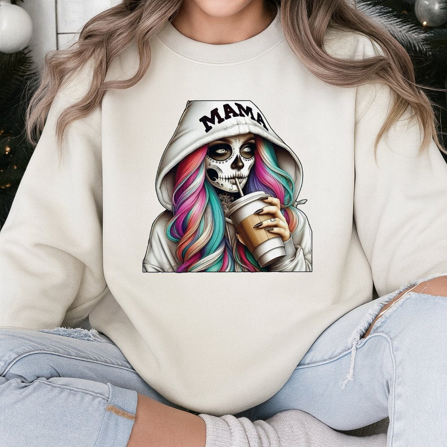 Mama Skeleton Coffee Graphic Sweatshirt | Spooky Halloween Rainbow Hair Design | Premium Cotton Blend Crewneck | Trendy Mom Gift for Pumpkin Spice Season