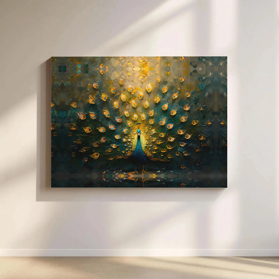 Majestic Peacock Wall Art | Golden Feathers Textured Impasto Oil Painting Print | Gallery Wrap Canvas | Premium Home Decor Gift