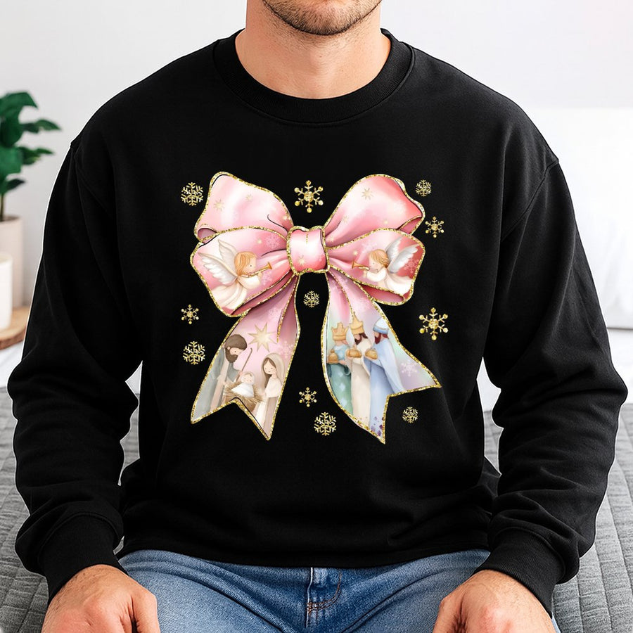 Nativity Scene Christmas Sweatshirt | Coquette Bow Graphic Design | Premium Cotton Blend | Religious Holiday Gift for Women