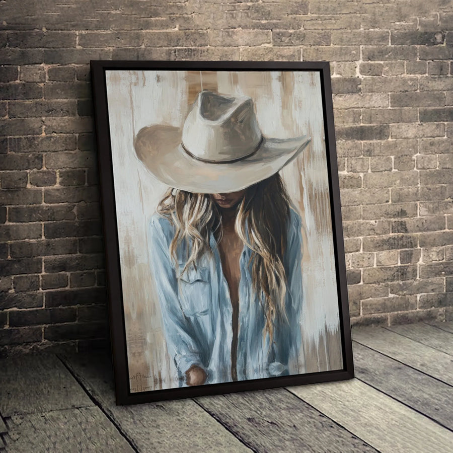 Cowgirl Canvas Wall Art | Rustic Woman in Cowboy Hat Painting | Premium Fade-Resistant Gallery Print | Western Home Decor for Living Room