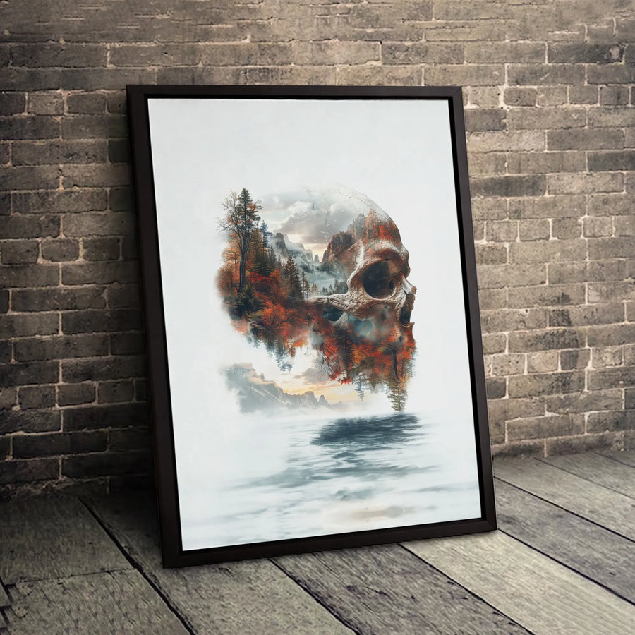 Double Exposure Skull Canvas Art | Mountain Forest Landscape Print | Premium Gallery-Wrapped Wall Decor | Gothic Nature Gift for Him