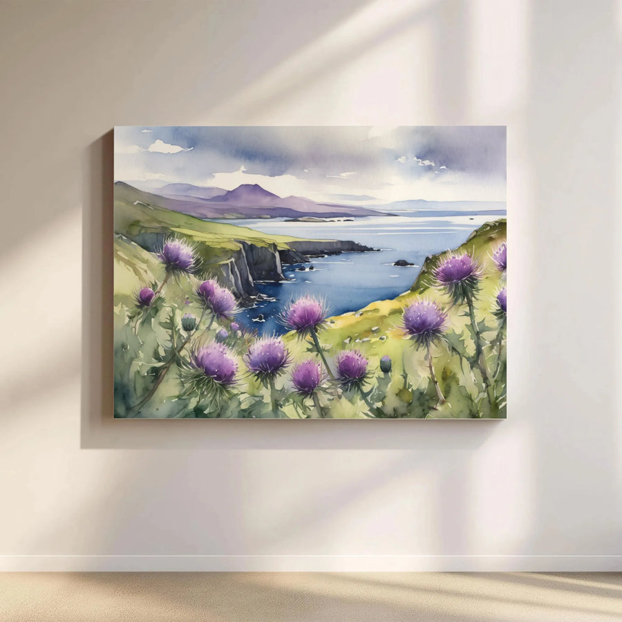 Scottish Thistle Canvas Wall Art | Watercolor Coastal Landscape Print | Premium Fade-Resistant Canvas | Scotland Lover Living Room Decor Gift