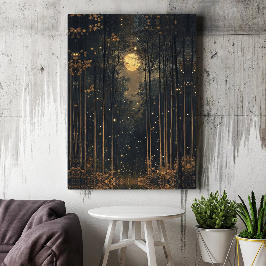 Enchanted Forest Canvas Print | Full Moon & Firefly Night Sky | Premium Gallery Wrapped Canvas | Mystical Bedroom Wall Decor Gift