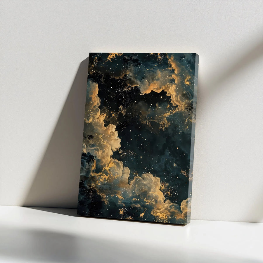 Celestial Night Sky Canvas Wall Art | Golden Stars & Moody Clouds Abstract Print | Premium Gallery Wrap 1.25" Depth | Elegant Modern Home Decor