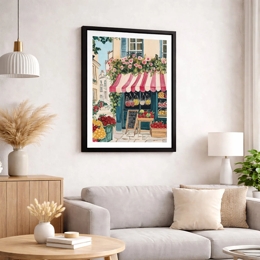 French Fruit Market Canvas Wall Art | Watercolor European Street Scene | Premium Gallery-Wrapped Print | Kitchen & Cafe Decor Gift