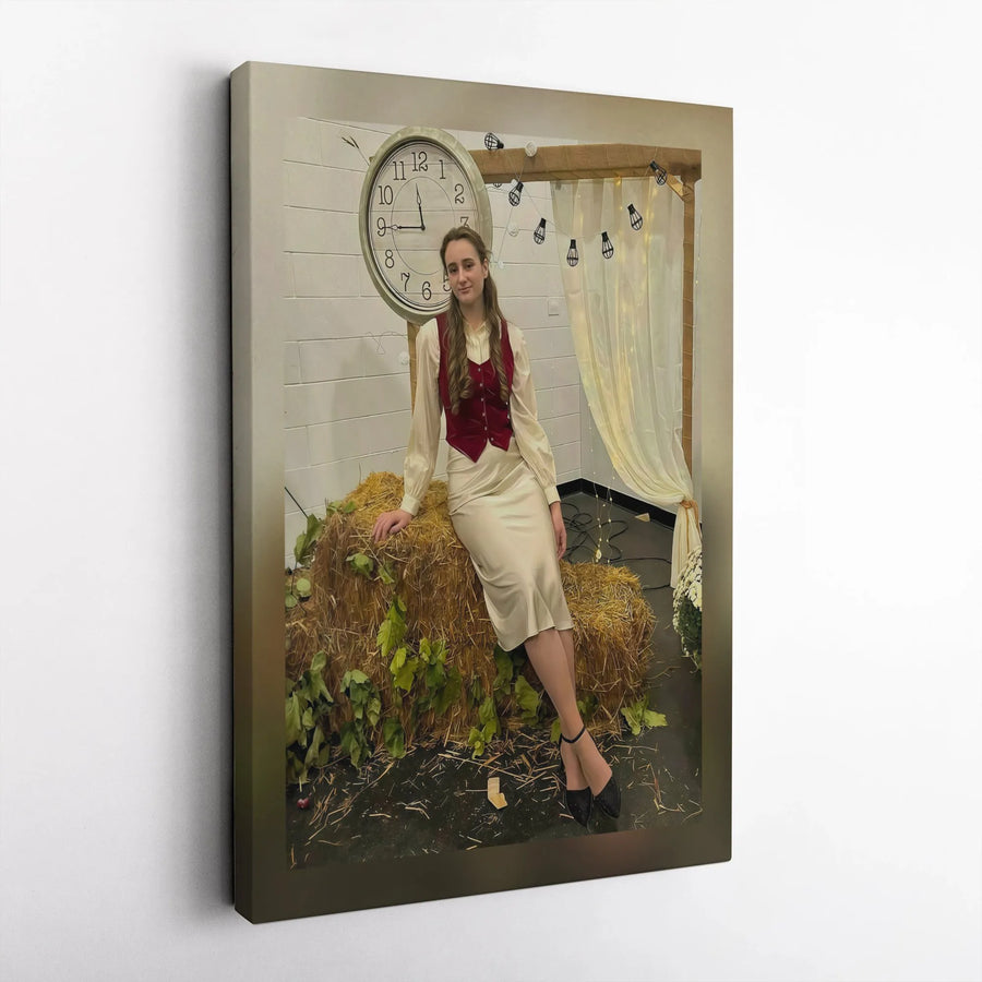 Vintage Farmhouse Wall Art | Country Girl on Hay Bale Portrait | 1.25" Thick Gallery Wrap Canvas | Modern Rustic Home Decor Gift