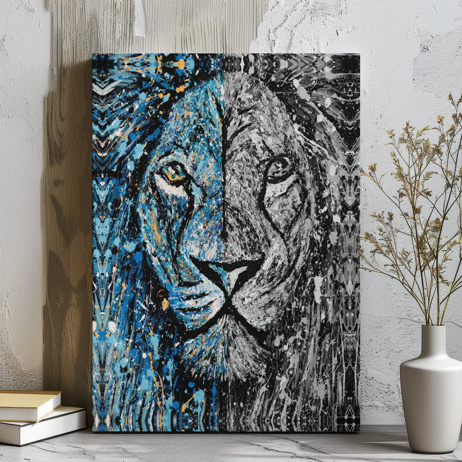 Abstract Lion Canvas Wall Art | Blue and Black Split Face Print | Premium Gallery Wrap Decor | Modern Animal Portrait for Home or Office Gift