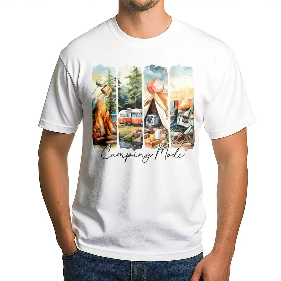 Camping Mode T-Shirt | Watercolor Nature Adventure Graphic | 100% Cotton Premium Tee | Gift for Campers and Outdoor Enthusiasts