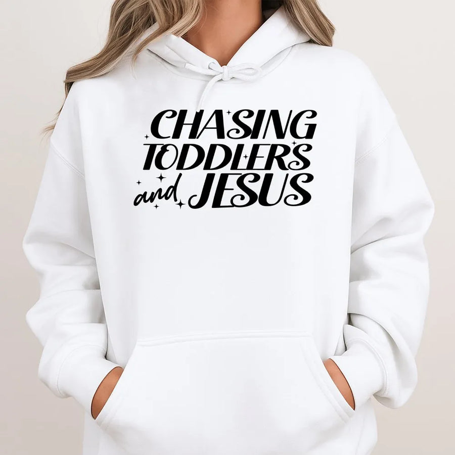 Chasing Toddlers and Jesus Hoodie | Christian Mom Faith Quote | Soft Cotton-Poly Blend | Cute Gift for Mama and New Parents