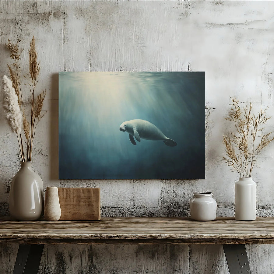 Manatee Wall Art Canvas | Underwater Ocean Life Decor | Gallery Wrapped Premium Print | Coastal Living Home Gift