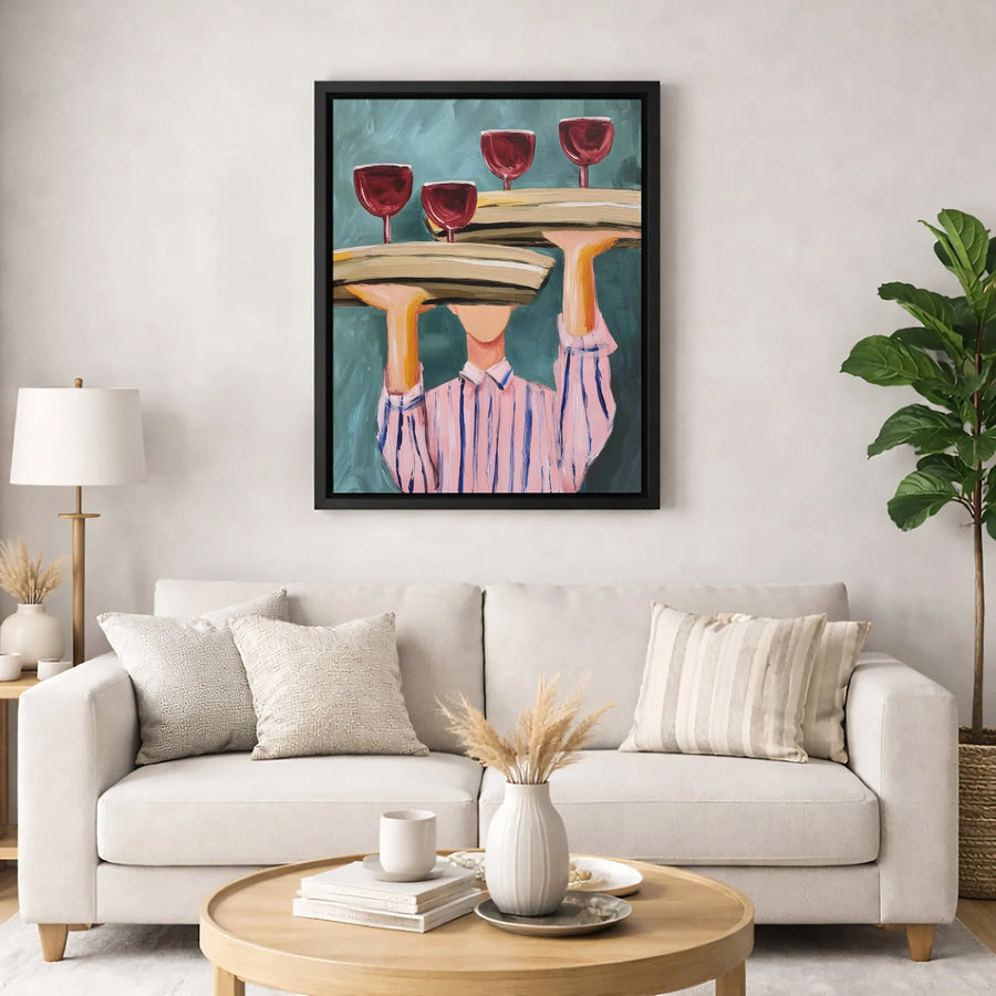Abstract Waiter Canvas Wall Art | Red Wine Glasses Bar Decor | 1.25-Inch Gallery Wrap Print | Modern Kitchen Dining Room Gift Idea