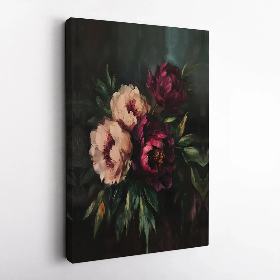 Dark Peony Canvas Print | Vintage Botanical Oil Painting Print | Premium Gallery Wrap Canvas | Moody Home Decor Gift