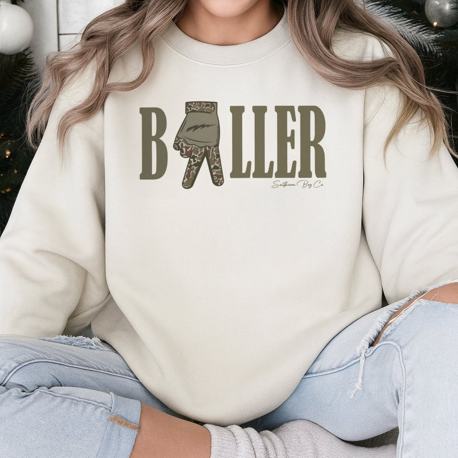 Baller Camo Hand Sign Sweatshirt | Trendy Sporty Graphic Crewneck | Premium Cotton Blend | Unisex Gift for Basketball Fans and Athletes