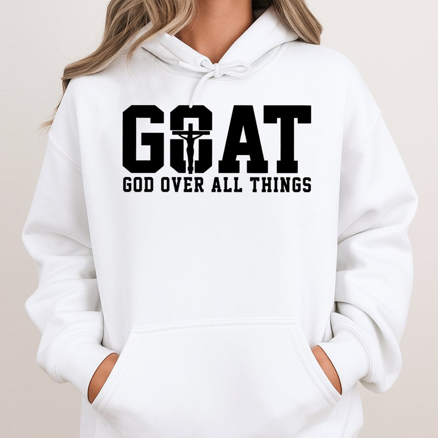 GOAT God Over All Things Hoodie | Christian Faith Cross Graphic | Premium Cotton Blend | Religious Apparel Gift for Men and Women